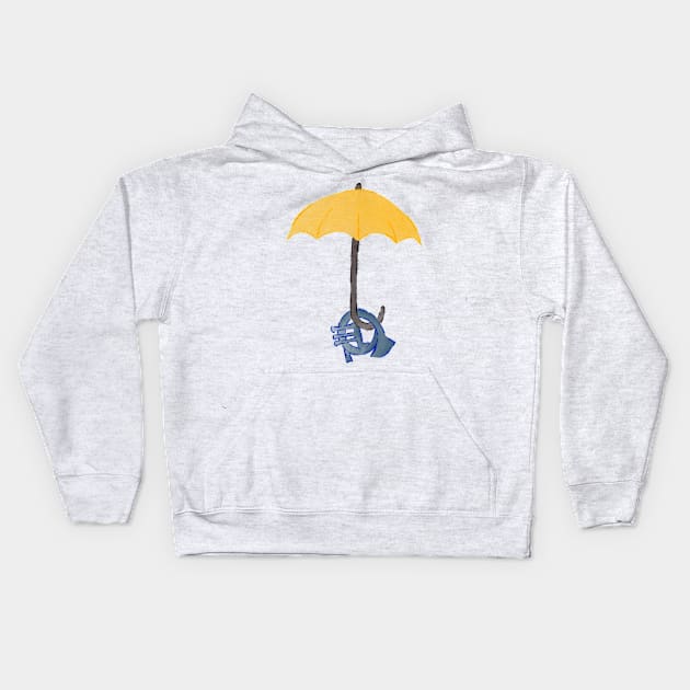 Yellow umbrella and blue horn Kids Hoodie by Uwaki